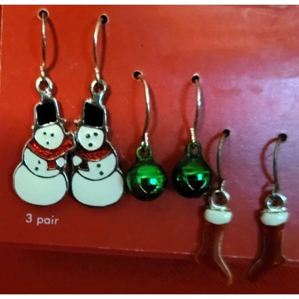 Christmas Earrings Holiday Snowman Green Christmas Balls Red Boots Set of 3